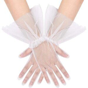 Women's Short Lvory Tulle Mesh Puffy Ruffle Gloves Wedding Party Prom Costume